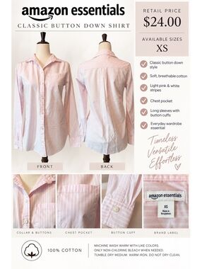 Amazon Essentials Classic Button Down Shirt XS Light Pink &